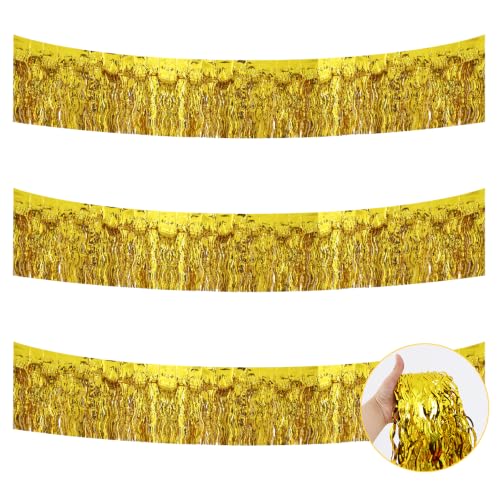 Image of BEISHIDA 3 Pack Gold Wavy Foil Fringe Garland 30ft Tinsel Wall Decor