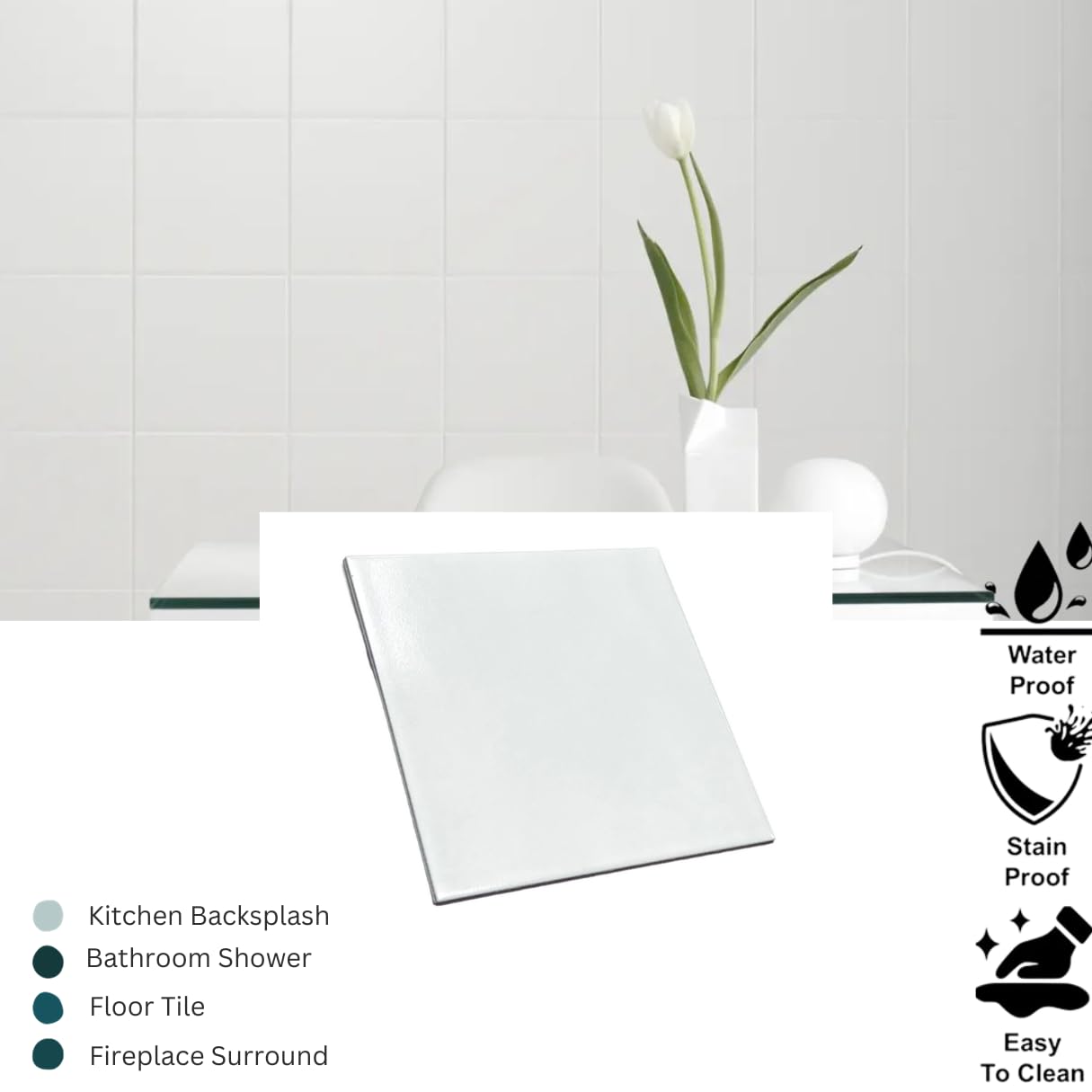 Tenedos TRCD-GRS-8x8 - Azulejos cuadrados de porcelana con acabado mate (caja de 6.5 pies cuadrados – 15 piezas) para cocina, decoración de acento, azulejos de ducha (blanco)