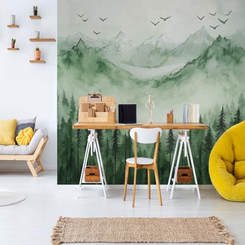 Mural Wallpaper Watercolor Painting Mountain Green Non-Woven Wall Mural Decoration Poster Picture Photo Wallpaper 350x256cm(W x H) Misty Jungle Scenery Wall Paper for Home Living Room Bedroom Kitchen - Image 2