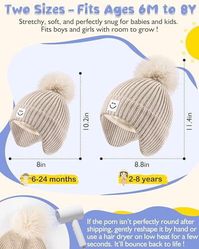3 Pack Baby Winter Hats with Earflaps, 2 Size Kids Pom Pom Beanie for Infant Toddler Children, Smiley Face Hat for Girls Boys3
