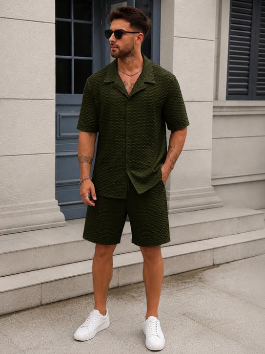 Image of Zilcon Men's Textured Co-Ord Set | Half Sleeve Cuban Collar Shirt & Shorts | Casual Summer Lounge Wear | Premium Matching Outfit