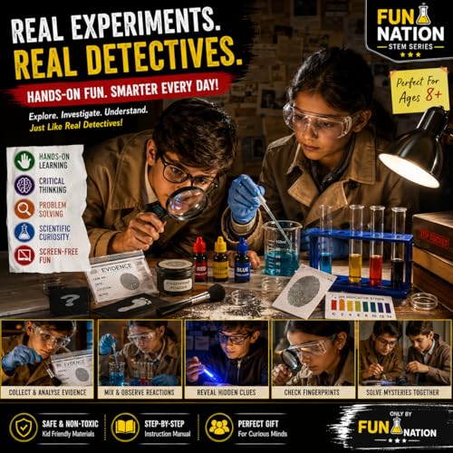 Image of FUN NATION Science Experiment Kit for Kids Ages 8-12 | STEM Science Detective & Spy Kit with 25+ Chemistry Experiments, Fingerprint Investigation, Magnifying Glass & Periscope | Birthday & Return Gift