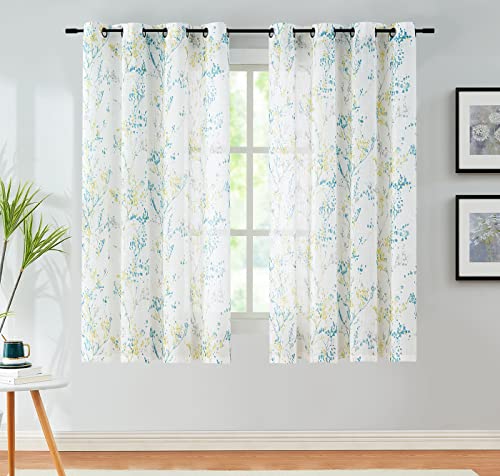 Image of Treatmentex Tree Semi Sheer Curtains for Living Room Bedroom Teal Yellow and Grey Branch on White Window Curtains 63 inch Long Watercolor Print Curtain Panels Grommet Top 2pcs