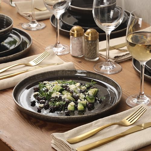 Image of Gibson Elite Eclipse Swirls Plates and Bowls Sets, 12-Piece Stoneware Dinnerware Sets, Reactive Glaze Dish Set - Black