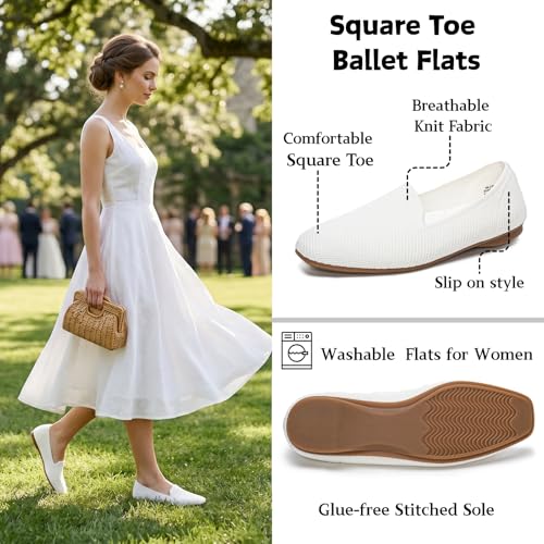 YEOJOU Women's Knit Flats Square Toe Slip On Loafers - Comfortable Breathable Ballet Flat, Dressy Business Casual Work Shoes for Office and Travel White Size 6.5 by YEOJOU - Used condition - Image 4