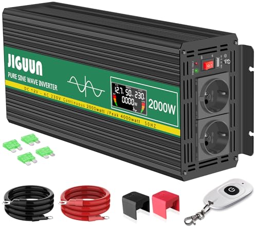JIGUUN 2000W Inversor 12V 220V Onda Pura Convertidor Inverter con 2 Tomas UE y un USB ，Mando a Distancia inalámbrico e indicador LCD，Potencia máxima 4000W para RV, Viajes, emergencias