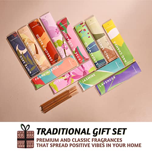 Folkulture Incense Sticks Gift Set - Pack Of 12 Insenses (240 Sticks) - Rose & Geranium, Jasmine, Lavender, Nag Champa, Sandalwood, Patchoulli, Frankinsence, Natural And Non Toxic Inscent (Good Vibes) #TOP2