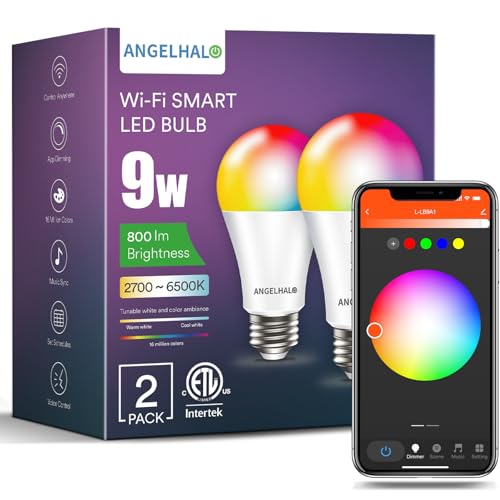 ANGELHALO Smart Light Bulbs, Color Changing A19 LED Light Bulb, Work with Alexa and Google Assistant, Wi-Fi & Bluetooth Light Bulbs, 16 Million Colors RGBCW, Music Sync, 800 Lumens, 2.4Ghz only,2 Pack