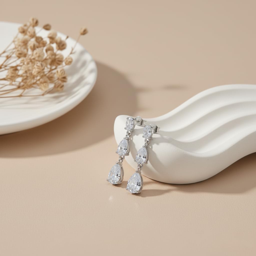 ZRU Sterling Silver Teardrop Dangle Earrings for Women, Elegant Long Cubic Zirconia Bridal Drop Earrings, Hypoallergenic Sparkly Dangly Wedding Jewelry Gifts for Brides & Bridesmaid - Image 6