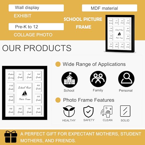 Image of DUENPY 12x16 K12 School Year Frame 1 5x7 12 Small Photos Black