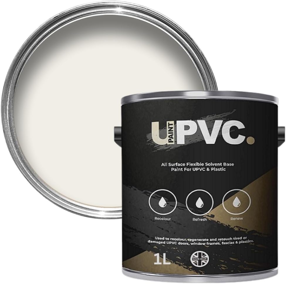 All-In-Once UPVC Plastic Paint - Windows - Doors - Frames - Conservatories - Fascia - Downpipes - Guttering | Semi Matt Finish - 1 Litre (Pure White Ral 9010)
