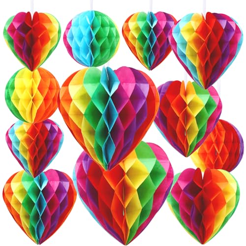 Image of BOARDFEB 12 Pcs Rainbow Pride Heart Round Paper Honeycomb Balls Pride Decorations, Heart Sshaped Honeycomb Ball Pendant Suitable for LGBT Parade Parties Celebrations Birthday Wedding Decorations
