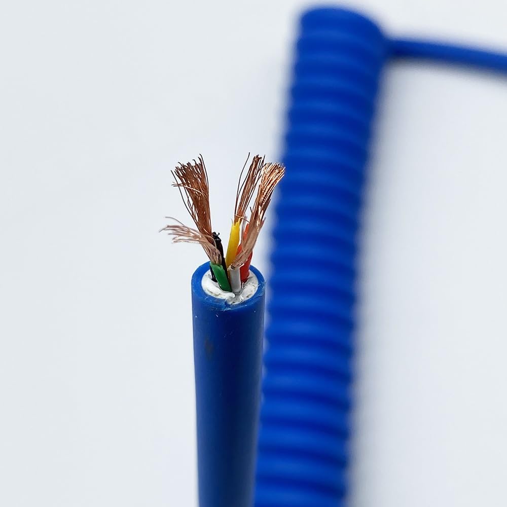 Câble spiralé en polyuréthane bleu à 5 conducteurs, 2 pièces, diamètre extérieur 6 mm, longueur 16 cm, connexions mécaniques étirer souple