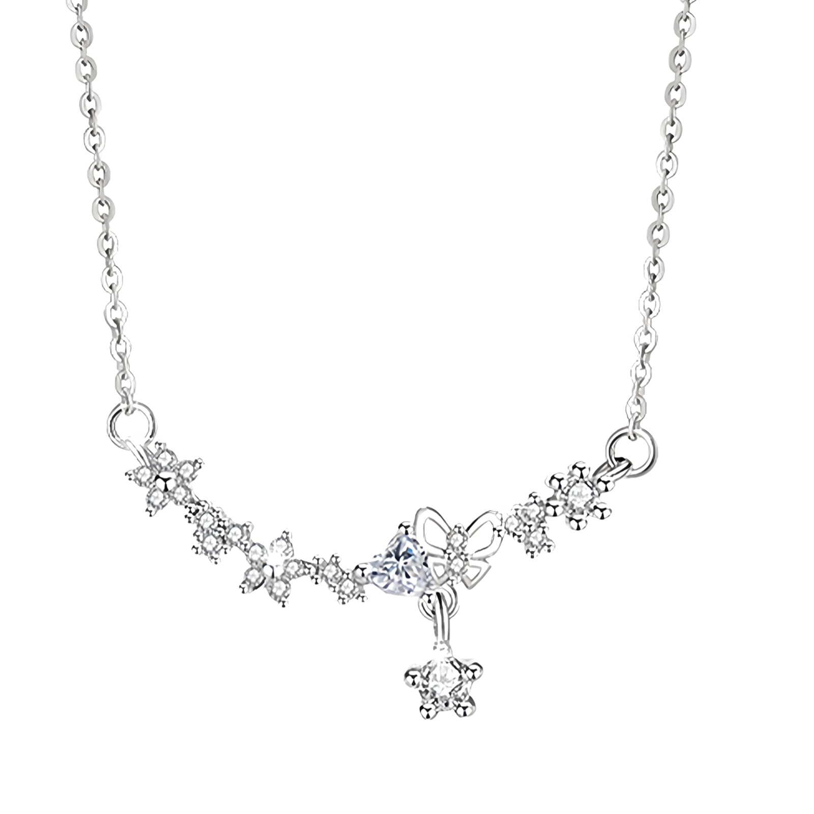 Collar de estrella de plata, collar de estrella de plata S925 con colgante de mariposa, cadena ajustable de 17 + 2 pulgadas, paquete listo para regalo, incluye paño de limpieza