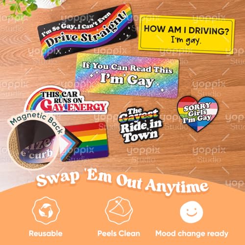 Image of Yoppix 16PCS Funny Gay Pride Car Magnet, LGBT Rainbow Pride Prank Magnetic Bumper Sticker for LGBT Parade Decor, Truck, or Fridge