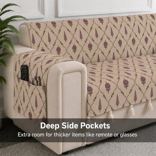 Image of STITCHNEST 'Eden Weaves Collection Series' 2 Seater Sofa Cover | Full Coverage with Armrest Pockets | Elegant Woven Fabric, Decorative Tassels, Washable & Durable for Modern Living