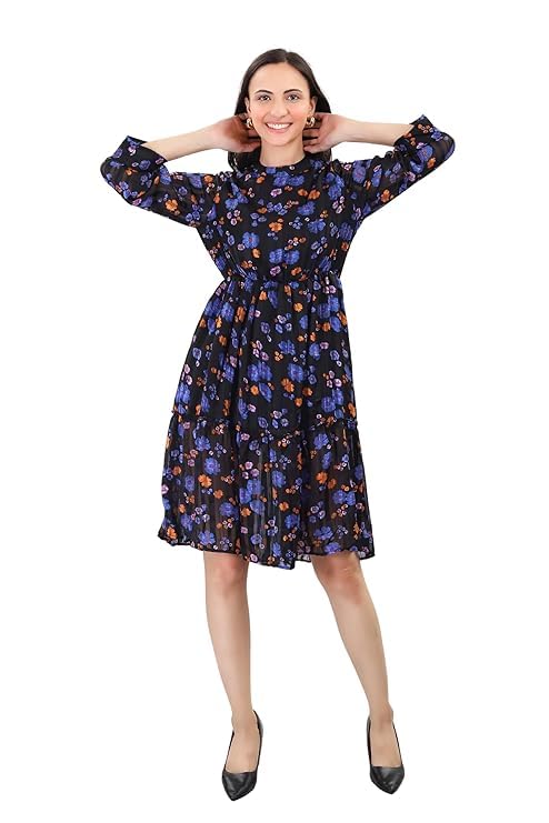 Image of A-Line Floral Printed Fit & Flared Western Brown Dress for Women | One Piece Midi Dress for Women Stylish Western Printed Dresses
