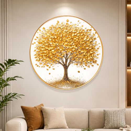 Image of PAINTINGMANTRA Golden Tree of Life Round Wall Art Painting With Frame For Living Room | Vastu-Inspired Prosperity Decor Framed Painting | Elegant Round Wall Hanging for Home, Office & Gifting, 16 In