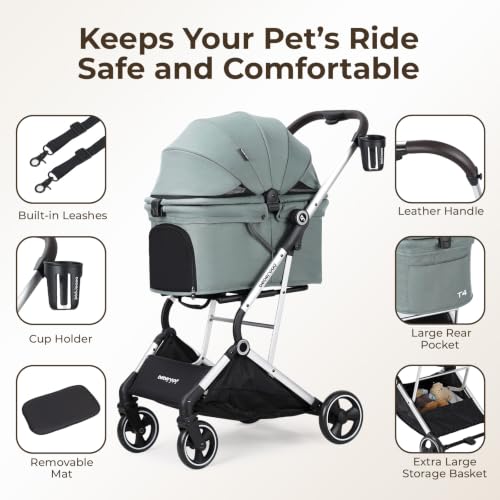 Image of Pet Stroller Dog Cat Stroller for Small Medium Dogs Cats, 4 Wheels Travel Folding Carrier Waterproof Puppy Stroller with Pad, Canopy and Cup Holder, Green