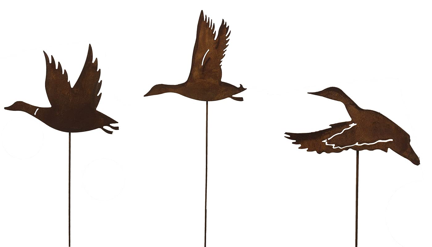 Bornhöft Gartenstecker Fliegende Enten 3er Set Metall Edelrost Gartendeko Gartenstecker 140cm rostige Gartendekoration Naturrost