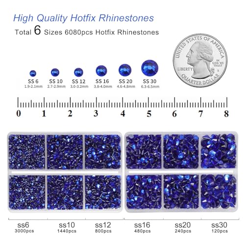 Image of BEADSLAND Hotfix Rhinestones, 6080PCS Dark Blue Rhinestones for Clothes Crafts Mixed 6 Sizes with Wax Pencil and Tweezers Kit, SS6-SS30, Sapphire
