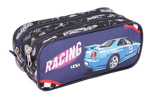 L S BOLSAS E MOCHILAS Estojo Infantil Duplo Carros Racing - EE2151 - Preto com Azul Marinho - Unico