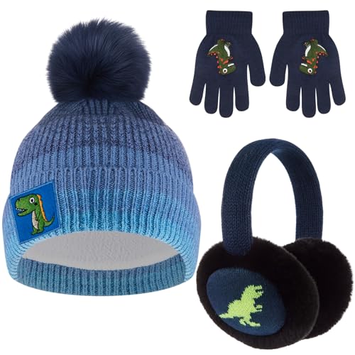 Jamntower 3 Pcs Kids Winter Hat with Pom Pom and Earmuffs Gloves Set for Girls Boys Gifts, Beanie with Warm Fleece Lined(Navy Blue,Dragon)
