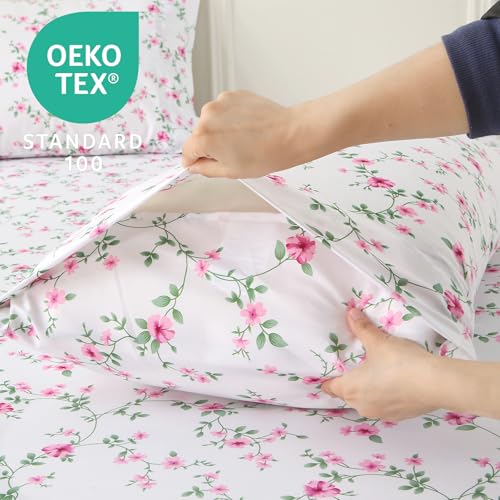 Image of MUXHOMO Full Size 4 Piece Sheet Set, Soft & Breathable Sheet Set for Bedroom with Deep Pocket Up to 16 inch, Wrinkle-Free & Cooling Bed Sheet with Flat Sheet, Fitted Sheet & Pillowcases - Pink Vines