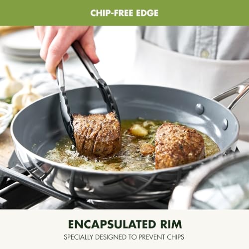 Image of GreenPan Valencia Pro Tri-Ply Stainless Steel 12 inch Frying Pan Skillet, Healthy Ceramic Nonstick PFAS-Free PFOA-Free Coating, Multi Clad Cookware, Induction, Dishwasher Oven and Broiler Safe