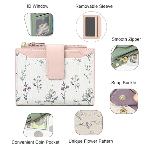 Image of Small Wallets for Women Leather Bifold Zipper Pocket Wallet Cute Flower Credit Card Holder Coin Purse with ID Window