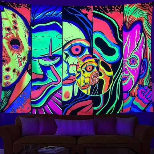 ARTCREATOR Black Light Art Halloween Wall Decor Trippy Blacklight Horror Face Tapestry UV Reactive Tapestries Glow in The Dark Party Tapestry for Bedroom Living Room (29 x 37)
