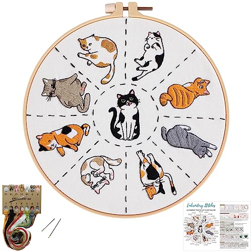 Image of Louise Maelys Cat Embroidery Kit for Beginners Animal Pattern DIY Craft | Cross Stitch Kits Featuring Cat Designs, Includes Fabric, Hoop, Threads, Needles And Guide. Needlepoint Kit For Adults