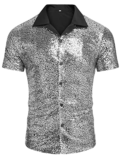 AstoSeu Mens Sequin Dress Shirt 70s Disco Costume Sparkle Party Short Sleeve Button Down Shirts Silver XXL