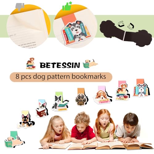 BETESSIN Magnetische Lesezeichen Kinder Einschulung - 8 Stück Hunde Lesezeichen Magnetisch Kinder - Kleine Geschenke für Schüler, Buchliebhaber, Schultüte Füllen Ideen, Mitgebsel Kindergeburtstag