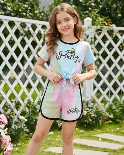 Image of Jecson Girls Summer Outfits 2Pcs Kids Clothes Girls Tie Knot Front Tops T-Shirts and Casual Short Sets 5-12Y