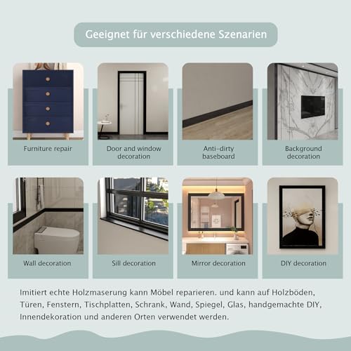 FEILAYS Holzmaserung Aufkleber, reparieren Löcher im Boden, reparieren Holztüren mit dekorativen Streifen,Türrahmen 5cmx10m schwarze