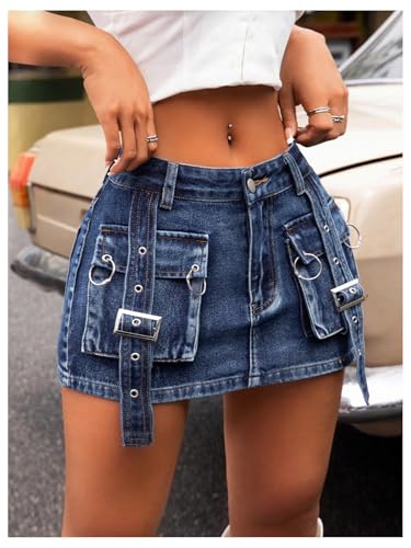 MakeMeChic Women's Low Waist Bodycon Denim Skirt Y2K Cargo Mini Skirts with Flap Pocket4