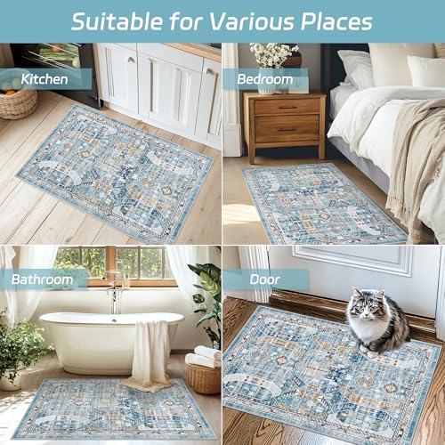 Madane Washable Area Rug 2x3, Small Entryway Rug Non-Slip Vintage Door Mat Indoor Entrance, Low Pile Floor Carpet for Inside Front Door Bedroom Kitchen Entry Laundry (2'x3', Blue/Gold)