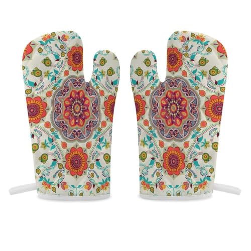 オーブンミット エスニック柄 花柄 マンダラ 鍋つかみ オーブン手袋 耐熱ミトン オーブングローブ 断熱 使い勝手 耐久性 着脱簡単 防水 厚手 吊り下げループ付き シェフ用 キッチン用品 男女兼用 2枚セット