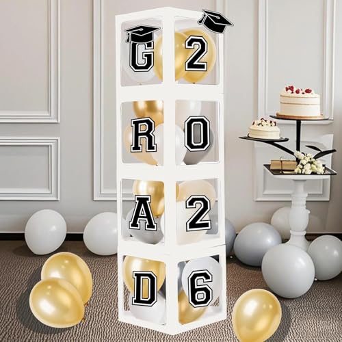 JIEFULL Set of 4 Graduation Decorations Boxes with GRAD 2026 and So proud of you Letters Decoration Blocks Party Supplies for School College Graduate(No Balloon)
