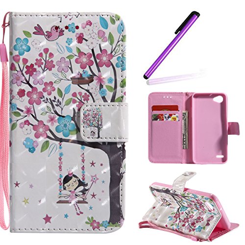 HMTECH LG Q6 Funda Elegante retro Linda chica colorida flor patrón PU Leather Wallet con Business Card Holder Stand Function Case Para LG Q6/LG Q6 Mini/LG Q6 Plus,Swing Girl Colorful Flowers KT