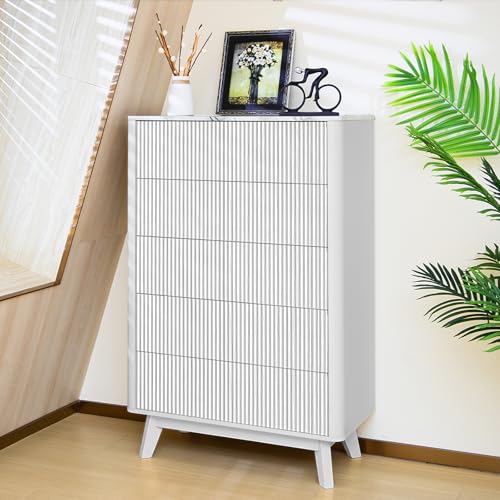 Image of Airynee Fluted 5 Drawers Dresser for Bedroom, 47 inch Tall Handleless Chest of Drawers with Faux Marble Top, Curved Profile Design, Wood Drawer Organizer for Living Room, Hallway, Entryway, White