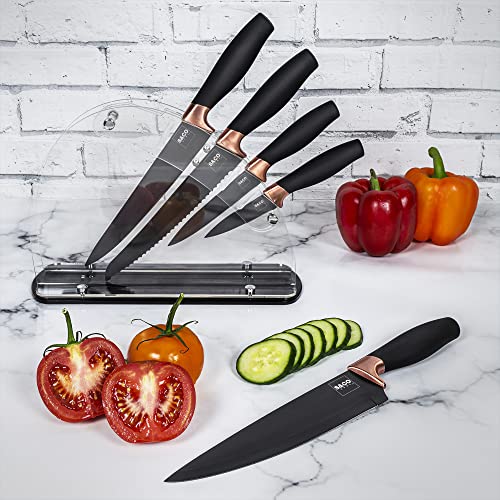 S & Co. 6 Pcs Kitchen Knife Set With Acrylic Block - Super-Sharp Steel Knives With Non-Stick Coating - Chef, Bread, Carving, Utility, Paring Knives - Stylish Cooking Tools With Black, Rose Gold Handle #TOP2