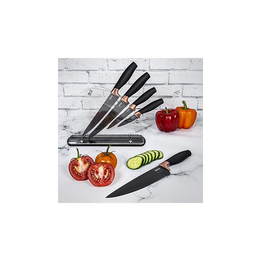 S-Co-6-Pcs-Kitchen-Knife-Set-with-Acrylic-Block-Super-Sharp-Steel-Knives-with-Non-Stick-Coating-Chef-Bread-Carving-Utility-Paring-Knives-Stylish-Cooking-Tools-with-Black-Rose-Gold-Handle S & Co. 6 Pcs Kitchen Knife Set with Acrylic Block - Super-Sharp Steel Knives with Non-Stick Coating - Chef, Bread, Carving, Utility, Paring Knives - Stylish Cooking Tools with Black, Rose Gold Handle