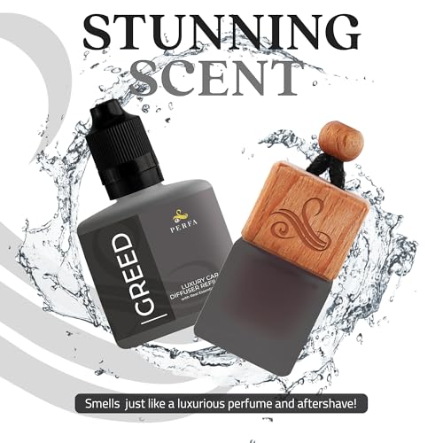 Image of Greed Gift Set with Refill Bottle | Perfume Inspired Car Fragrances | Strong Car Freshener with Odor Eliminator Technology | Greed Automotive Freshener by Perfa