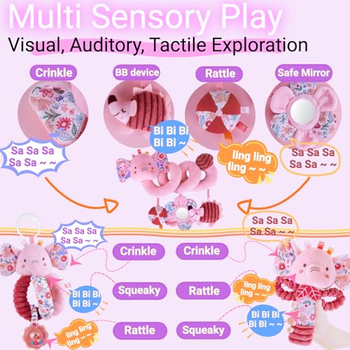 Image of Baby Toys 0-6-12 Months Spiral Car Seat Toy, Infant Stroller Hanging Carseat Rattle Stuffed Animal Newborn Girl Boy Accessories Birthday Gift 0-3-4-5-7-8-9 Month Old Mirror Pink Elephant 3PCS