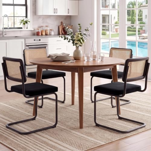 Image of Zesthouse Natural Rattan Dining Chairs Set of 4, Modern Dining Room Chairs with Solid Wood Back for Kitchen Living Room, Mid Century Breuer Design Inspired, Upholstered Velvet Fabric, Black