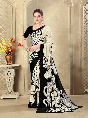 Image of SIRIL Women's Crepe Silk Printed Saree with Unstitched Blouse Piece