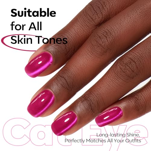Image of modelones Hot Pink Cat Eye Gel Nail Polish Pink Glitter Holographic Pink Cat Eye Neon Shimmer Reflective Translucent U v Gel Magnetic Nail Polish 15ML