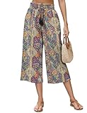 LOMON Womens Capri Pants Summer Vacation 2025 Fashion Outfits Clothes Loose High Waisted Wide Leg Lounge Pants Drawstring Baggy Flowy Casual Palazzo Trousers with Pockets Boho Floral Medium